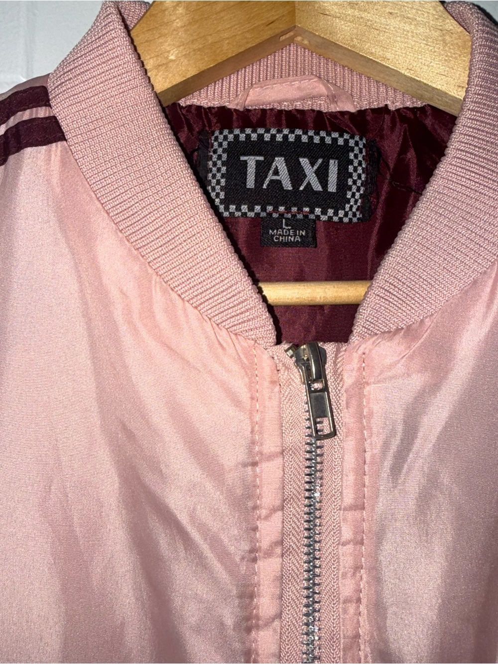 TAXI Pink Bomber Jacket‎ Burgundy Stripe Zip Front Lightweight Size Large - Picture 3 of 9